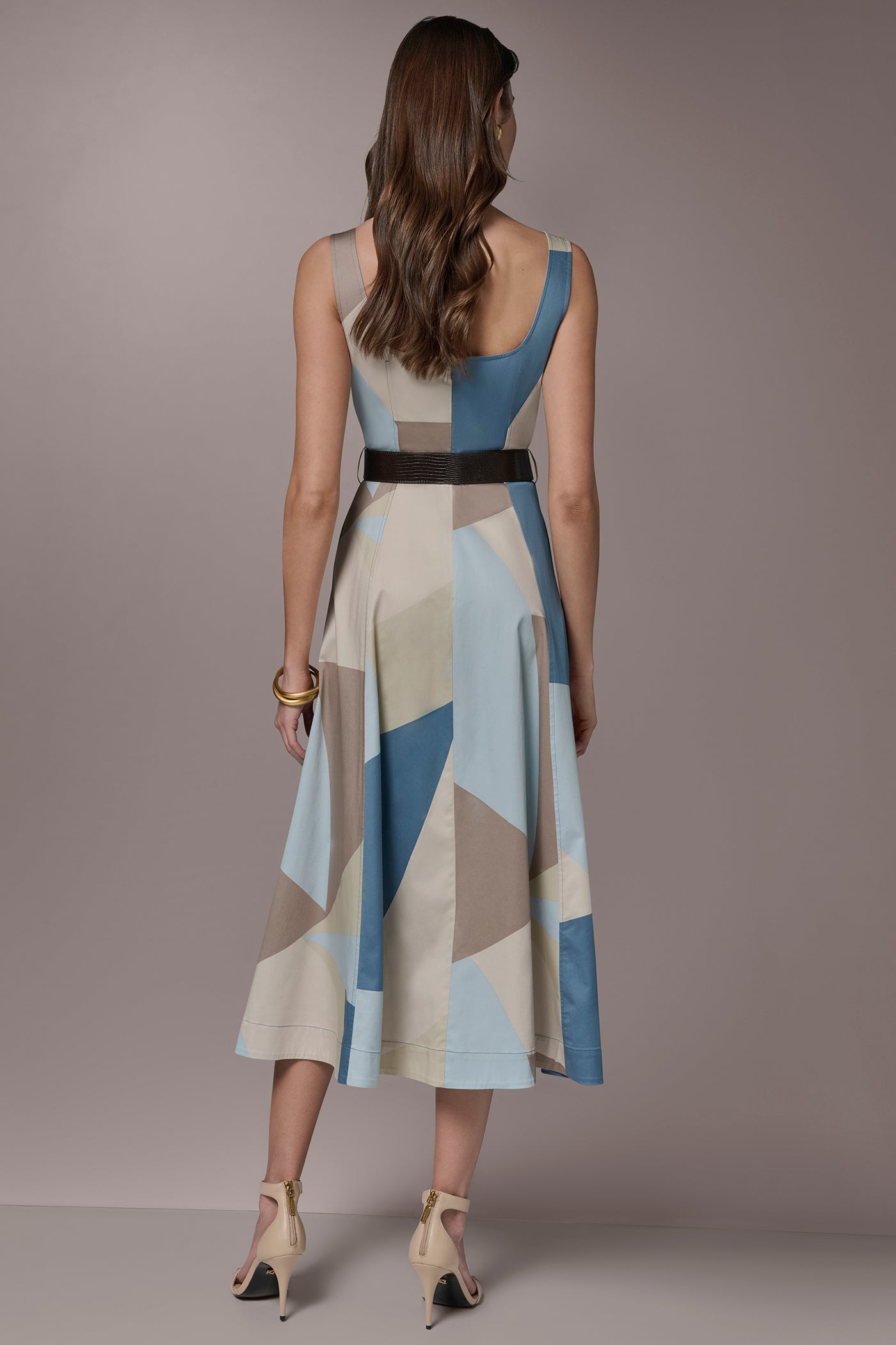 Washed Indigo/Sea Mist STRETCH-COTTON SLEEVELESS PRINTED MIDI DRESS Donna Karan