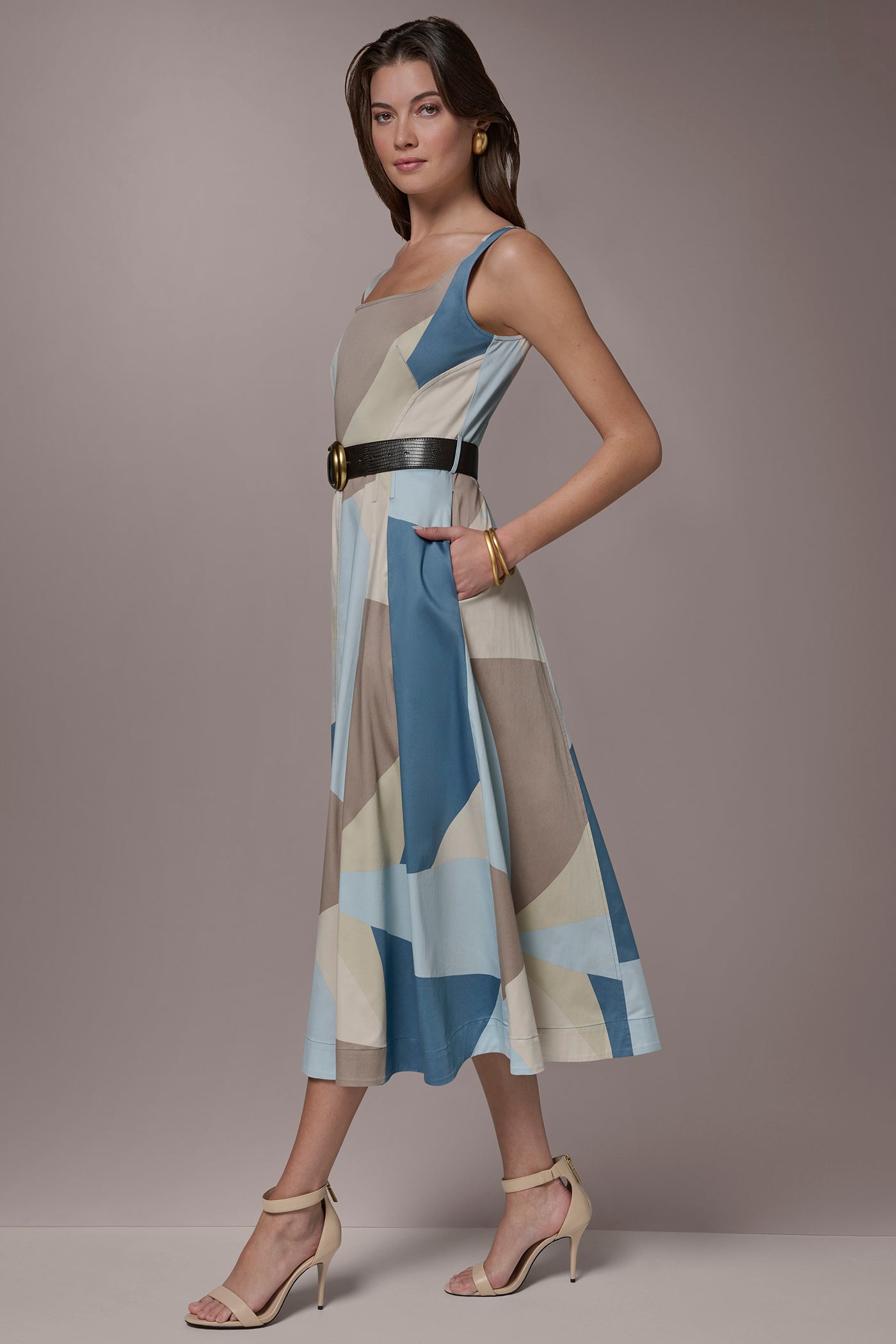 Washed Indigo/Sea Mist STRETCH-COTTON SLEEVELESS PRINTED MIDI DRESS Donna Karan