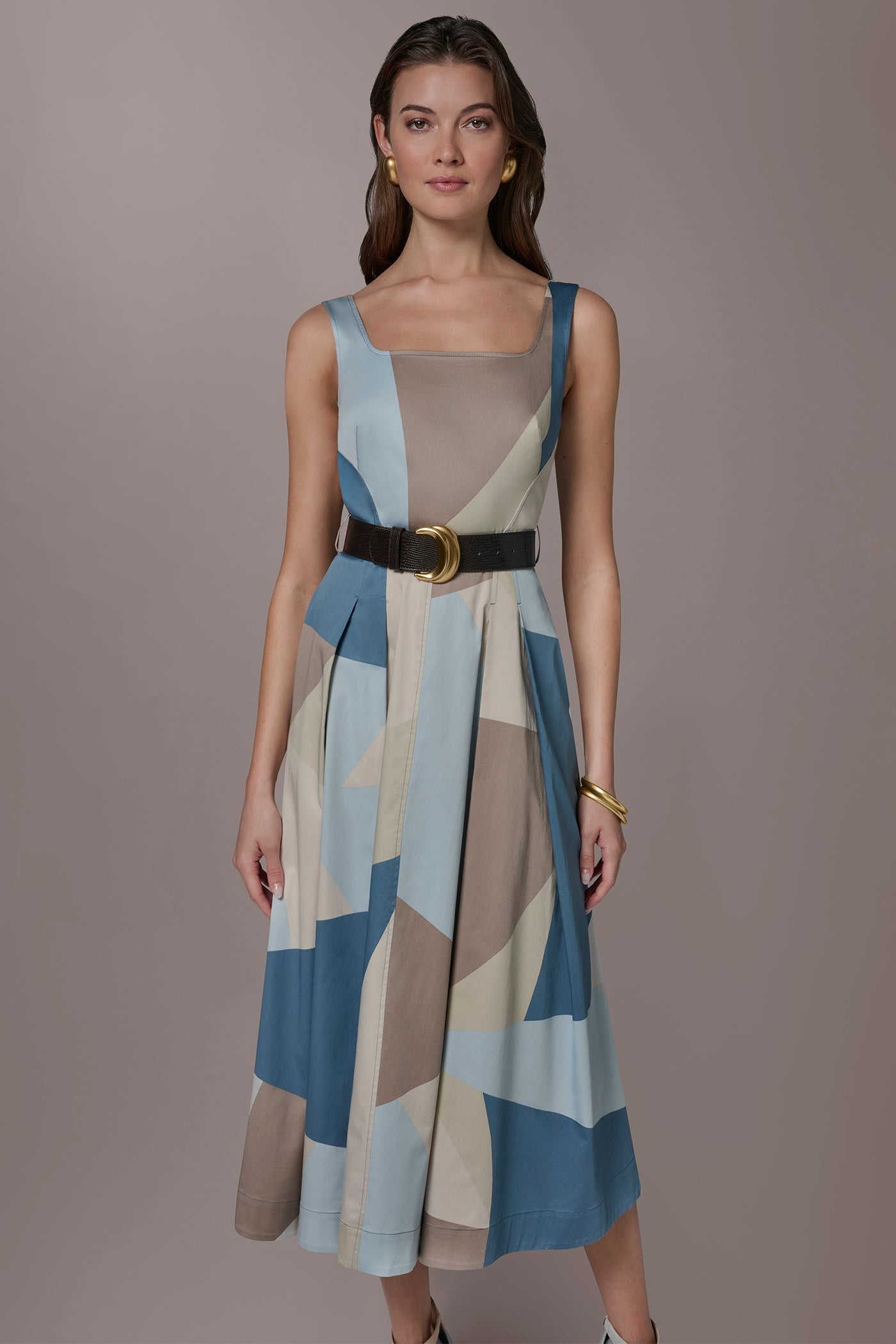 Washed Indigo/Sea Mist STRETCH-COTTON SLEEVELESS PRINTED MIDI DRESS Donna Karan