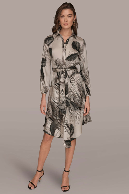 Black/Vellum FLORAL ASYMMETRIC MIDI A-LINE SHIRT DRESS Donna Karan