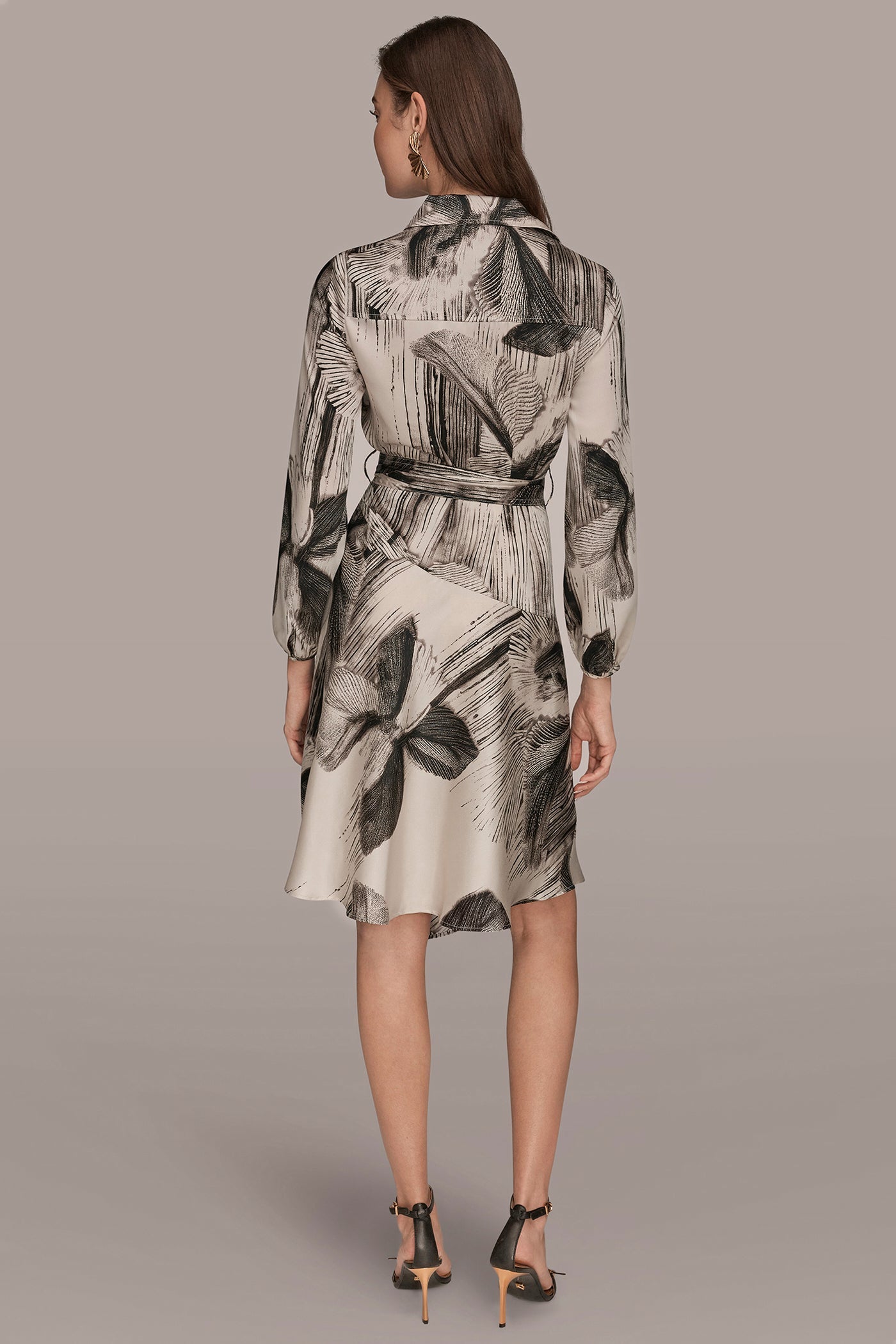 Black/Vellum FLORAL ASYMMETRIC MIDI A-LINE SHIRT DRESS Donna Karan
