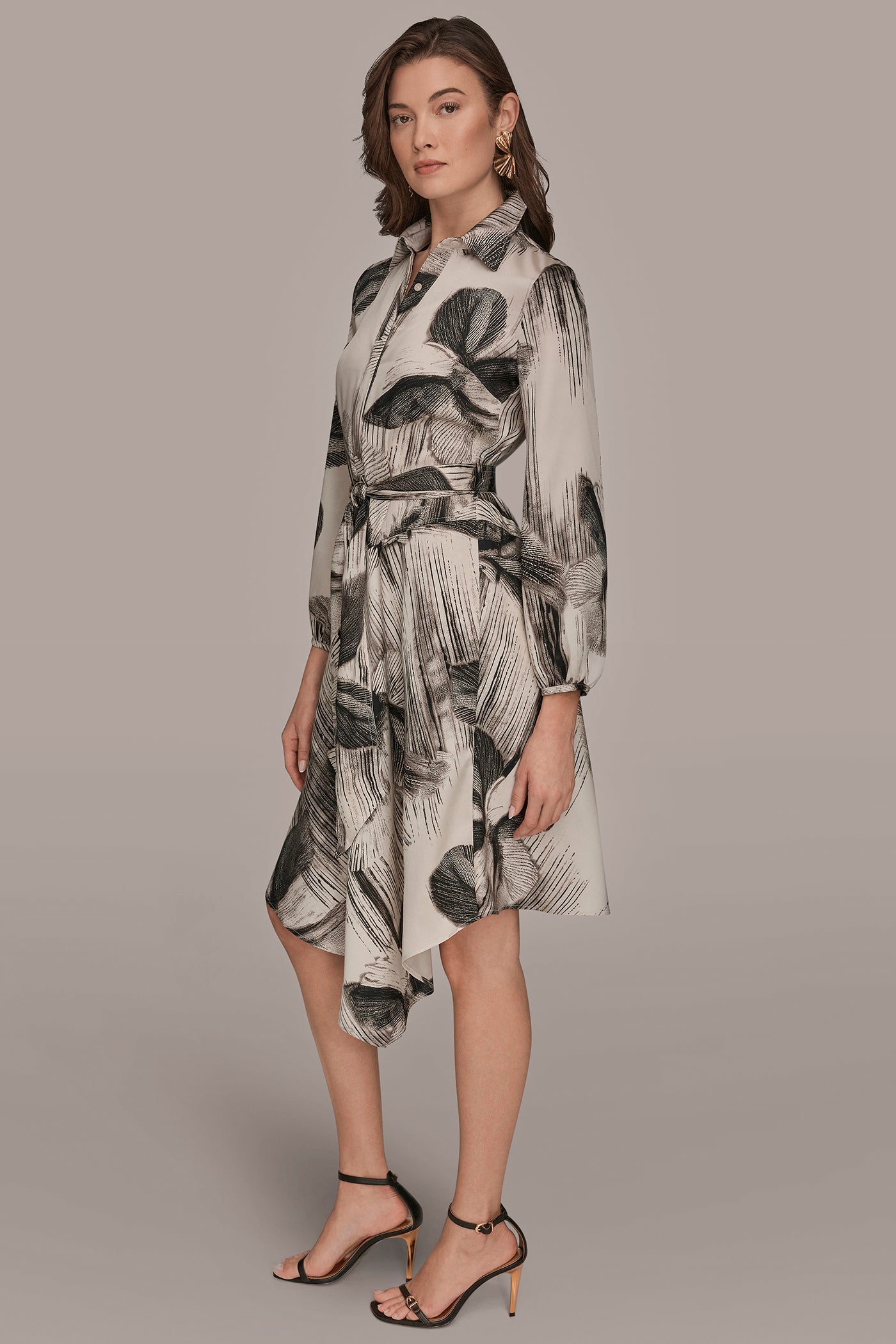Black/Vellum FLORAL ASYMMETRIC MIDI A-LINE SHIRT DRESS Donna Karan