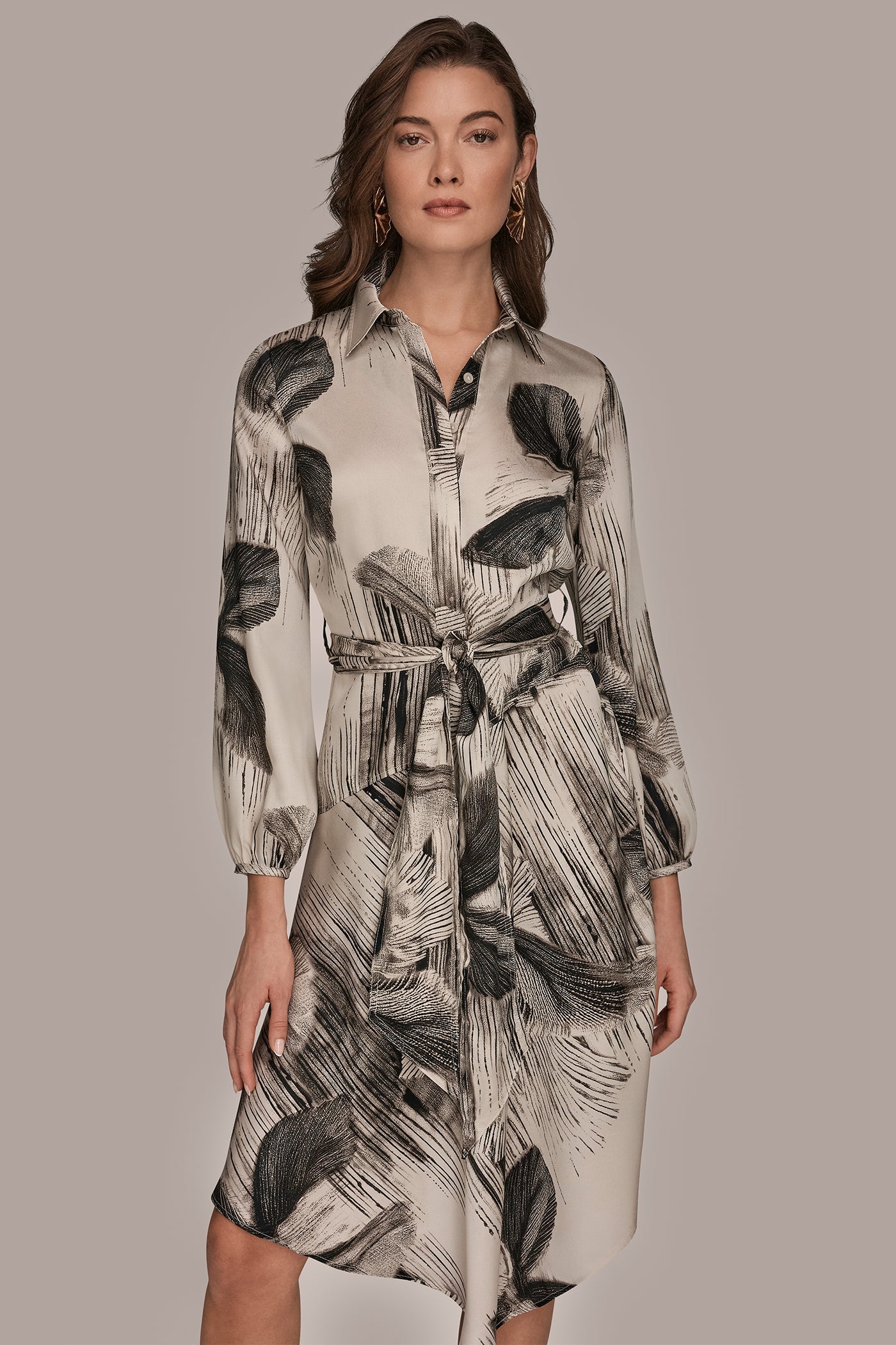 Black/Vellum FLORAL ASYMMETRIC MIDI A-LINE SHIRT DRESS Donna Karan