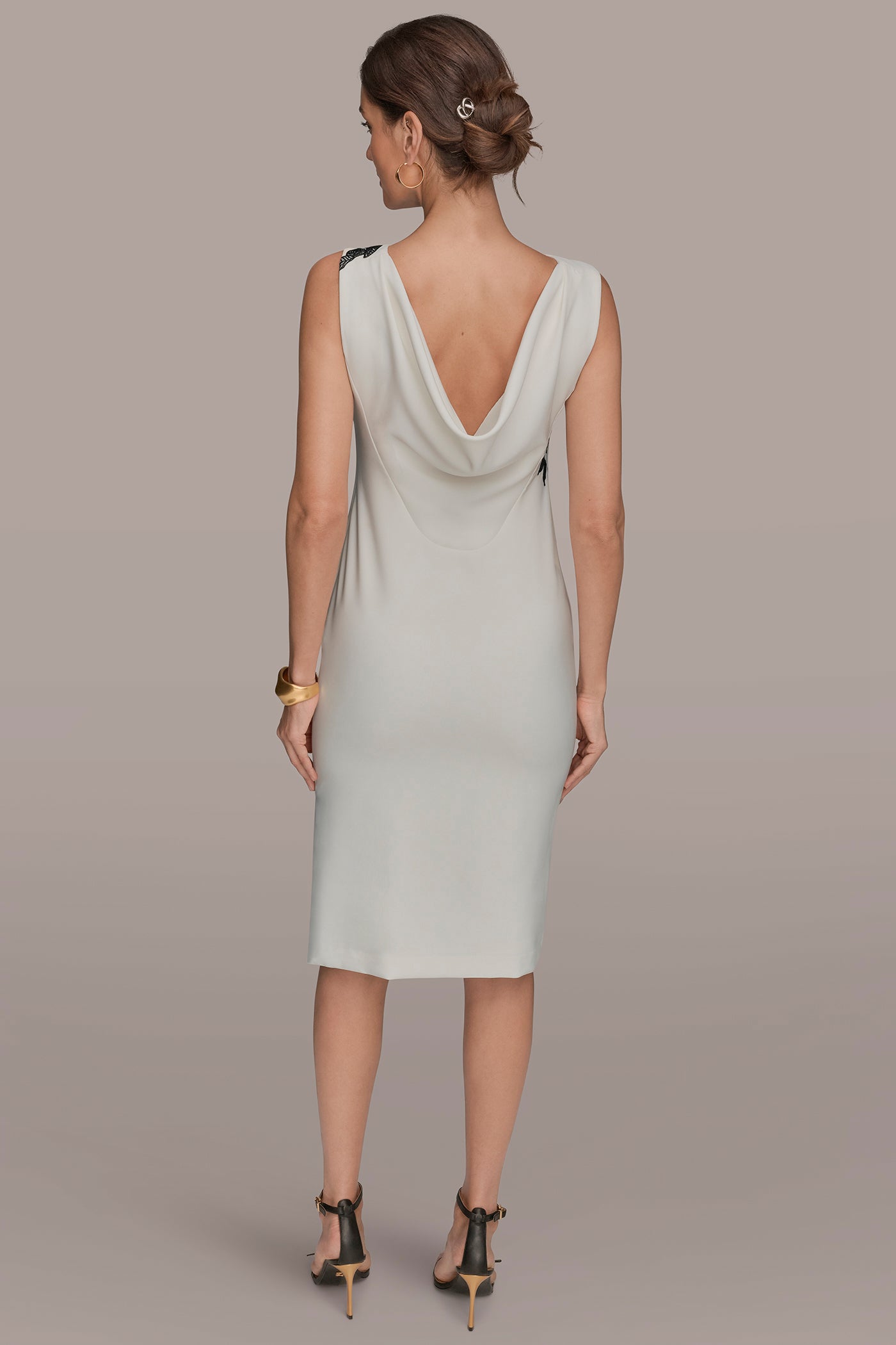 Cream/Black FLORAL APPLIQUÉ SLEEVELESS COWL-BACK SHEATH DRESS Donna Karan