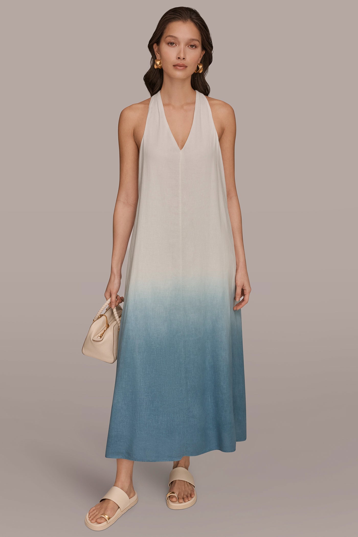 Washed Indigo Dip Dye LINEN-BLEND SLEEVELESS OMBRÉ TWIST-BACK MIDI HALTER DRESS Donna Karan