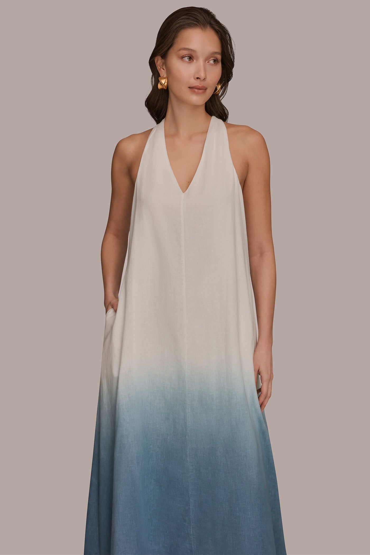 Washed Indigo Dip Dye LINEN-BLEND SLEEVELESS OMBRÉ TWIST-BACK MIDI HALTER DRESS Donna Karan