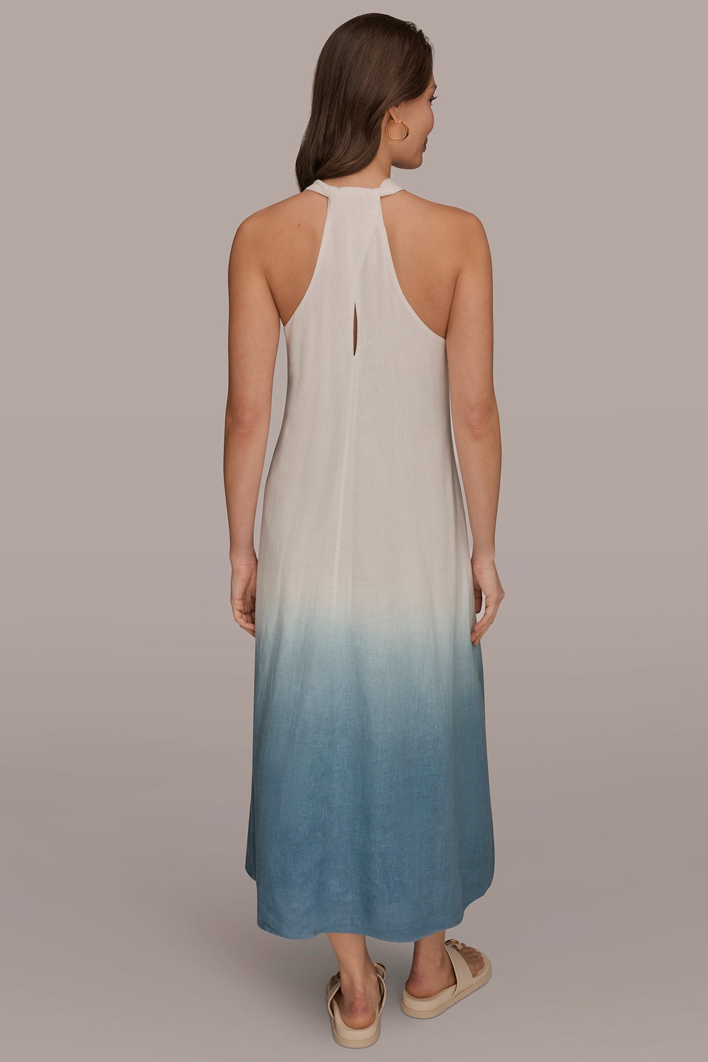 Washed Indigo Dip Dye LINEN-BLEND SLEEVELESS OMBRÉ TWIST-BACK MIDI HALTER DRESS Donna Karan
