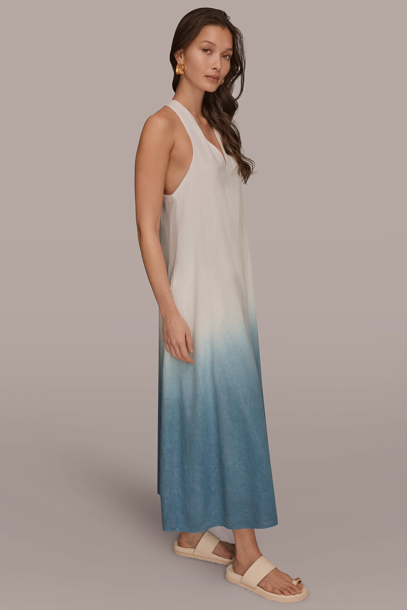 Washed Indigo Dip Dye LINEN-BLEND SLEEVELESS OMBRÉ TWIST-BACK MIDI HALTER DRESS Donna Karan