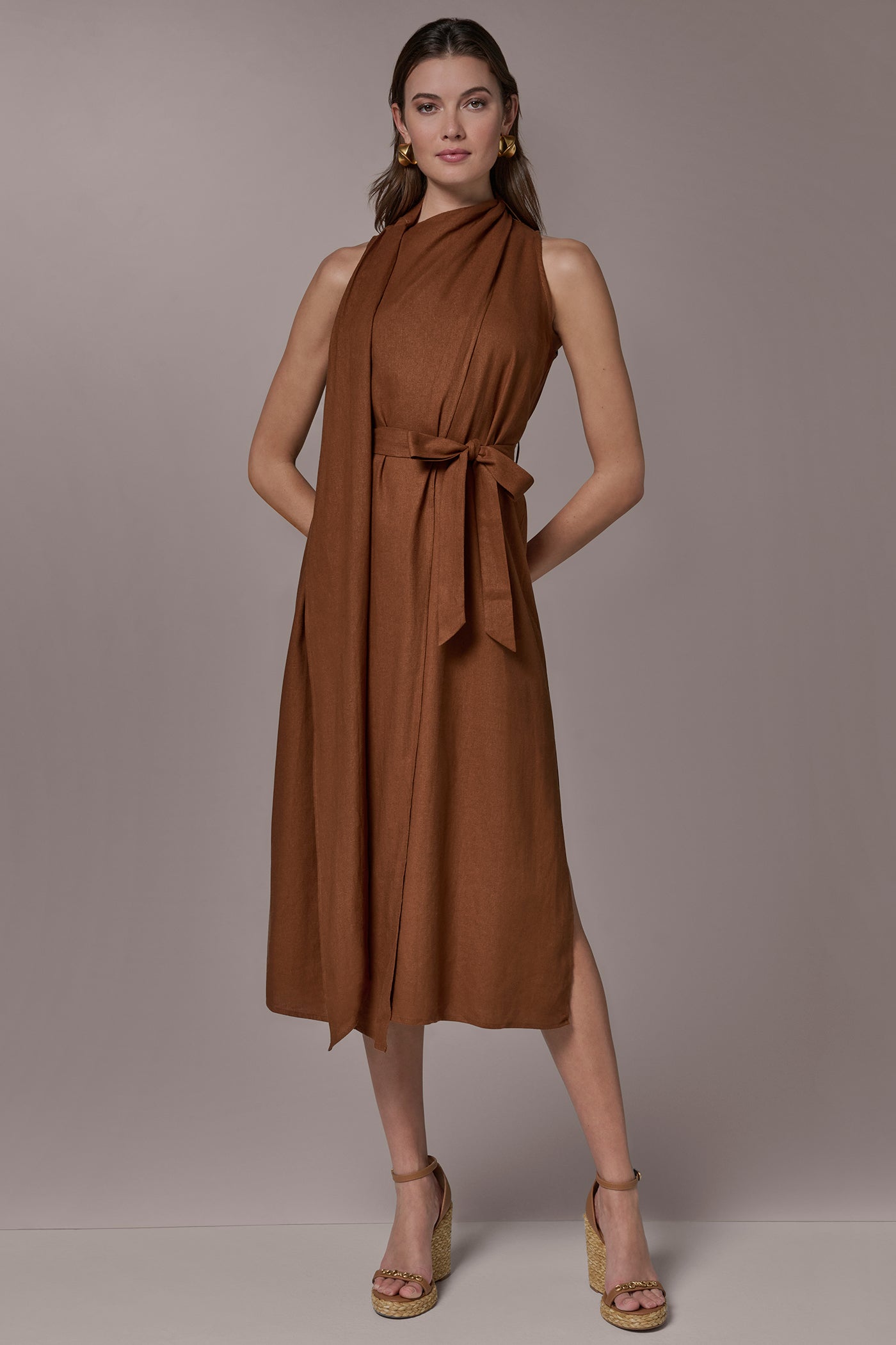 Cognac SLEEVELESS SCARF MIDI A-LINE DRESS Donna Karan