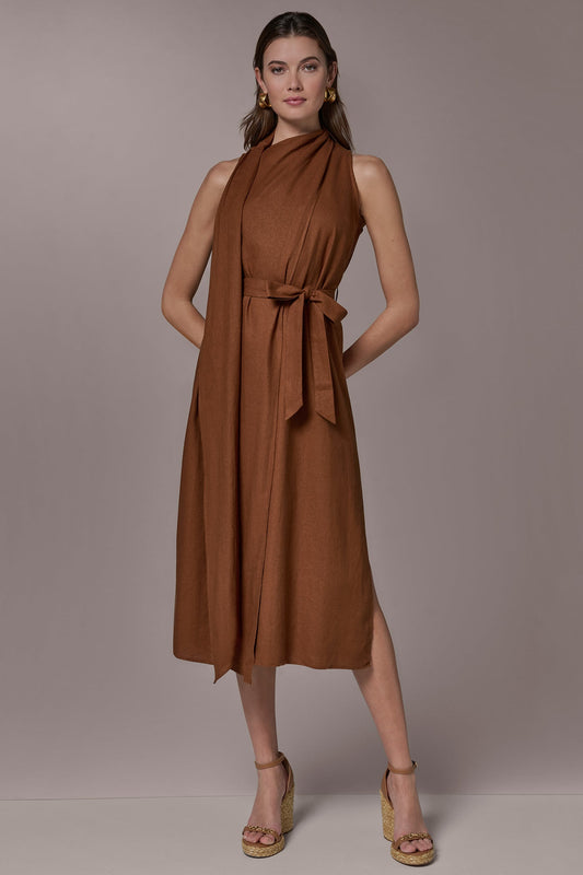 Cognac SLEEVELESS SCARF MIDI A-LINE DRESS Donna Karan