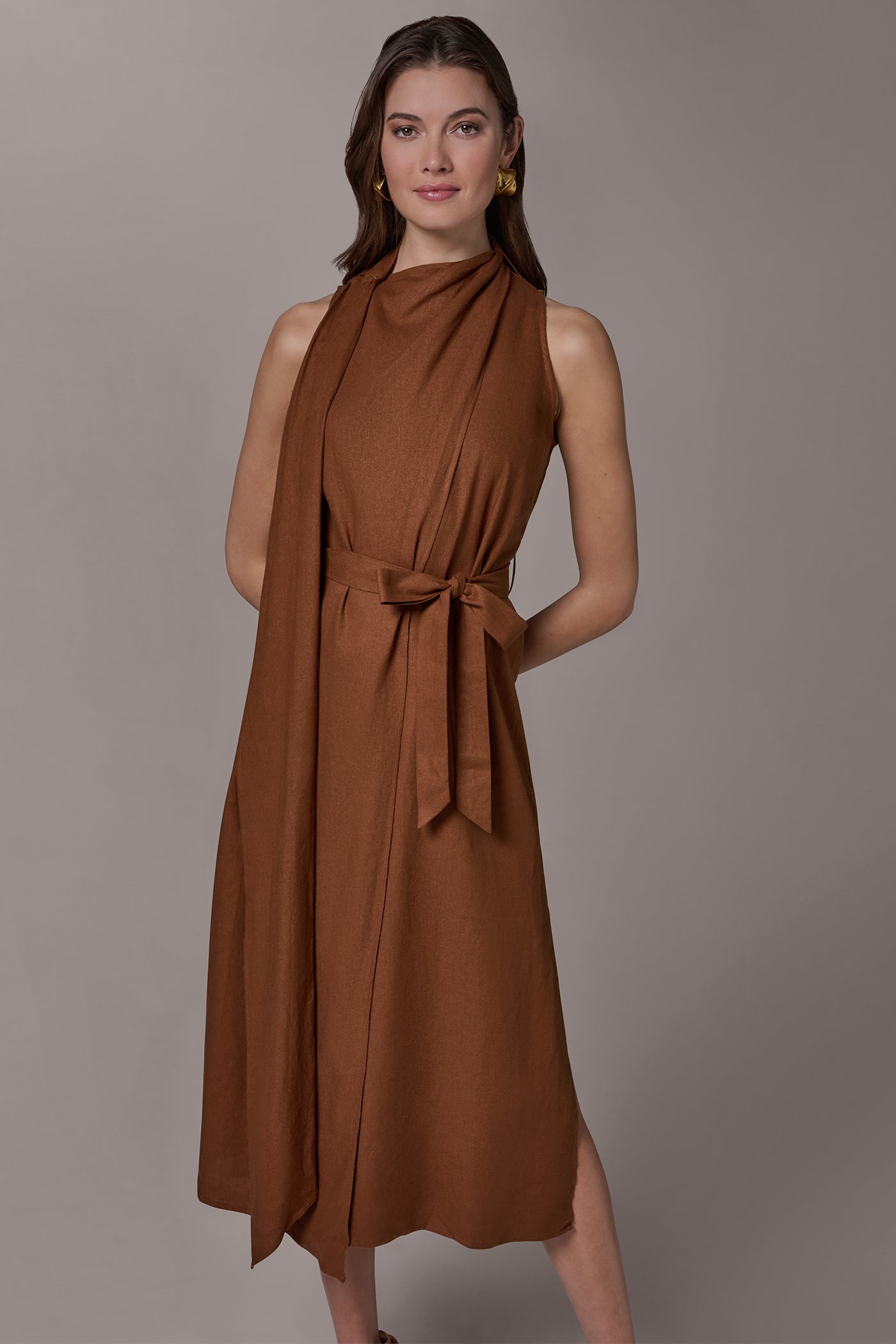 Cognac SLEEVELESS SCARF MIDI A-LINE DRESS Donna Karan