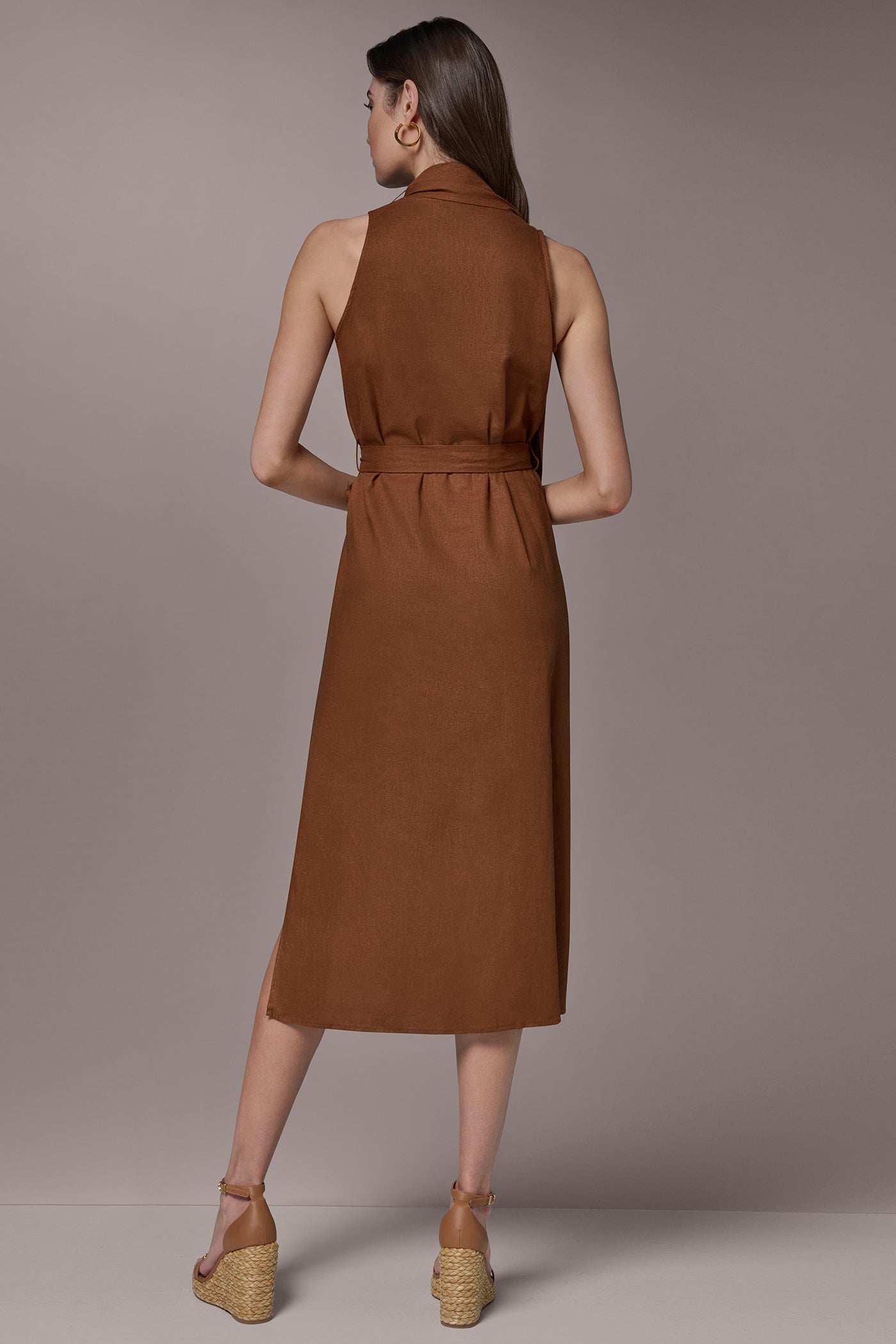 Cognac SLEEVELESS SCARF MIDI A-LINE DRESS Donna Karan