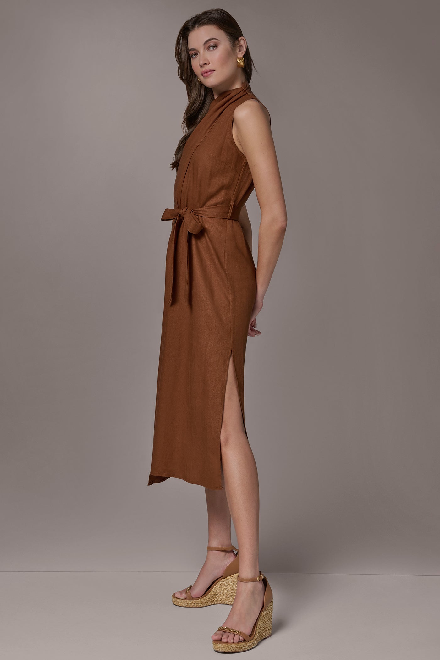 Cognac SLEEVELESS SCARF MIDI A-LINE DRESS Donna Karan
