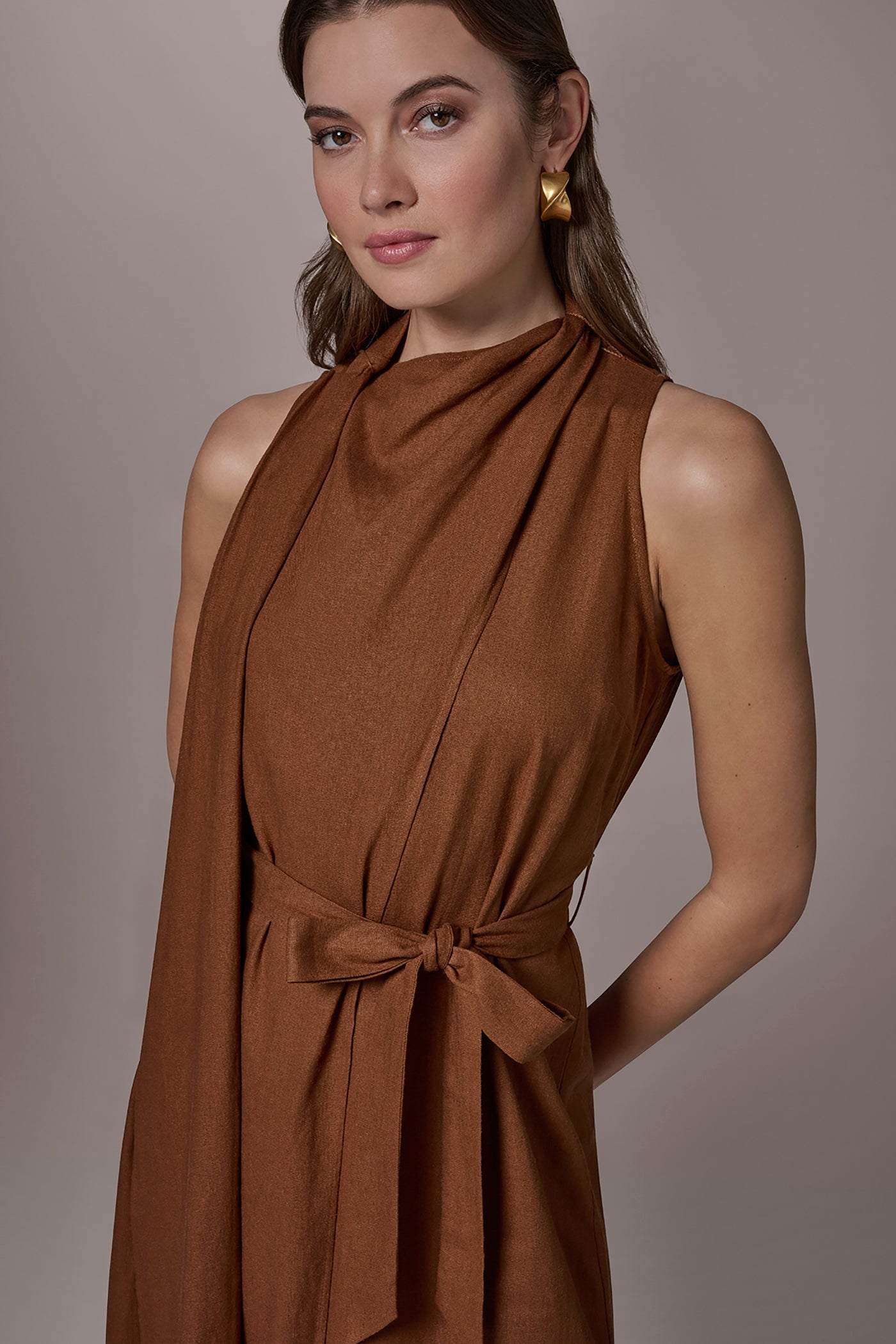 Cognac SLEEVELESS SCARF MIDI A-LINE DRESS Donna Karan