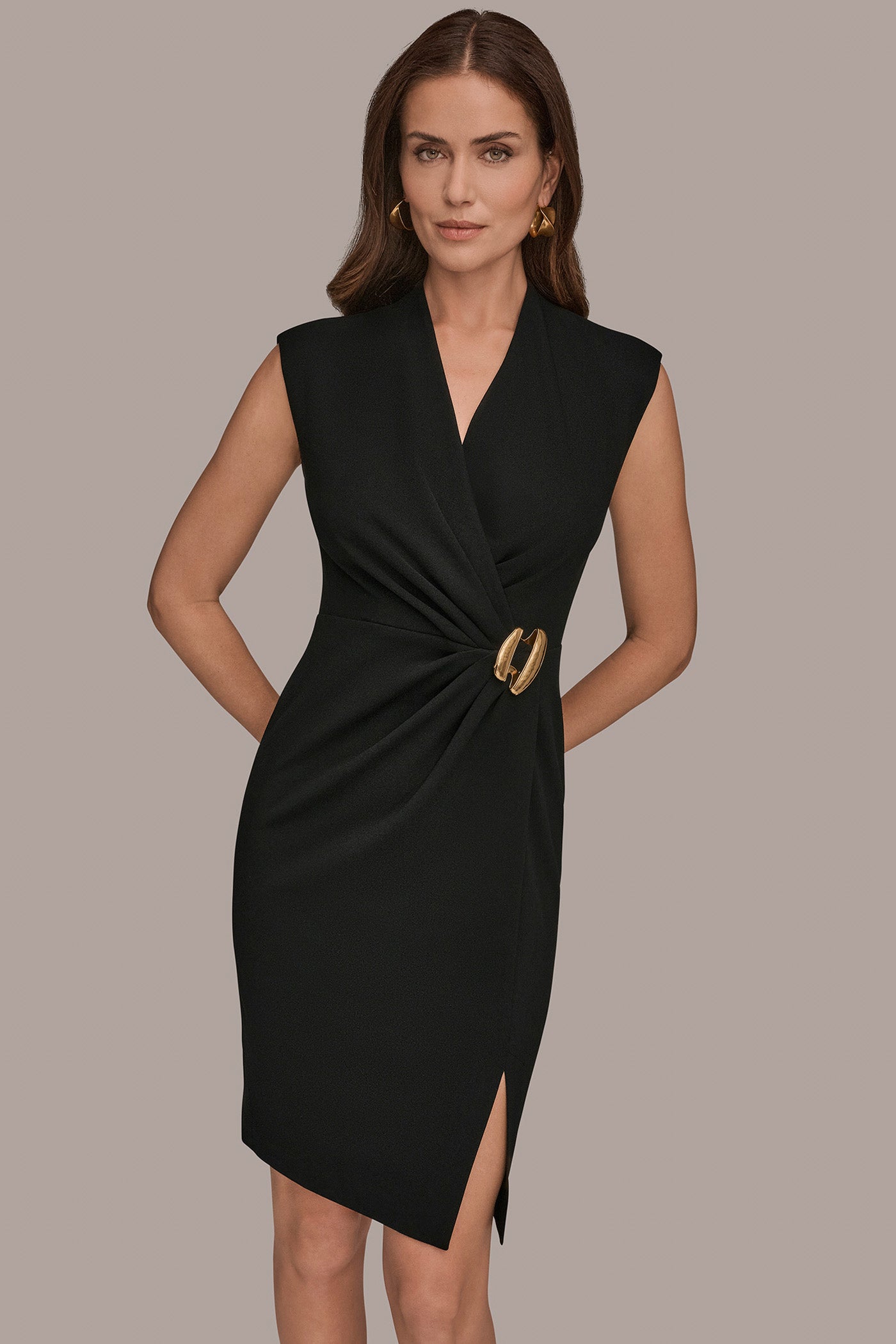 Black SLEEVELESS WRAP SHEATH DRESS Donna Karan