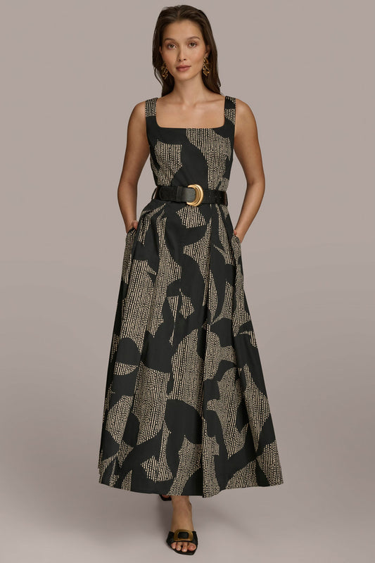 Black COTTON SLEEVELESS FLORAL MIDI DRESS Donna Karan