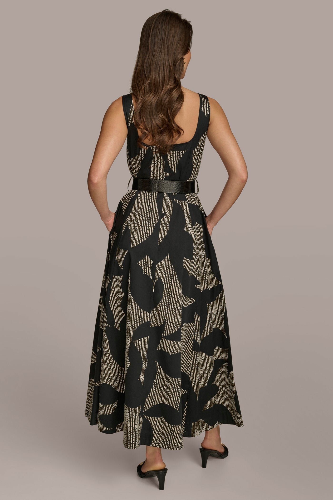 Black COTTON SLEEVELESS FLORAL MIDI DRESS Donna Karan