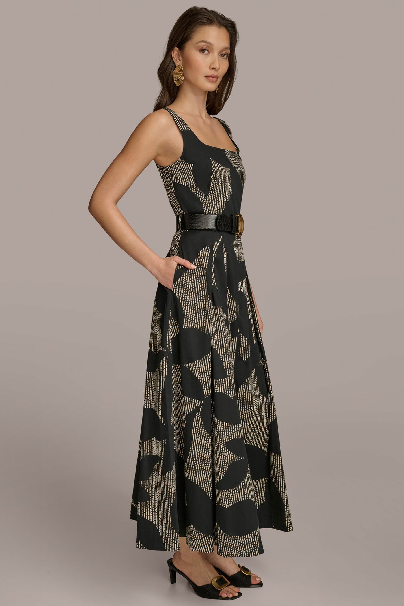 Black COTTON SLEEVELESS FLORAL MIDI DRESS Donna Karan