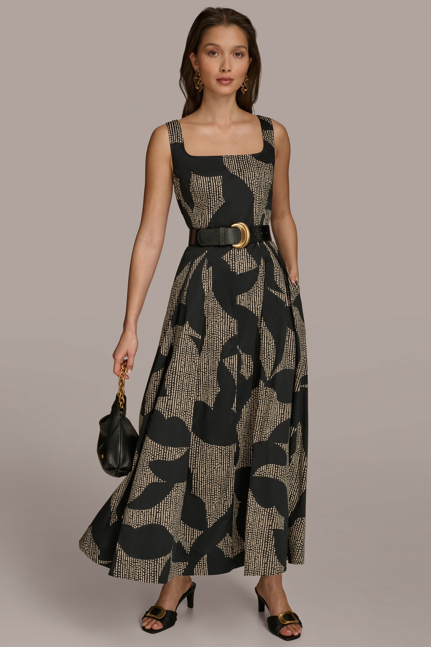 Black COTTON SLEEVELESS FLORAL MIDI DRESS Donna Karan