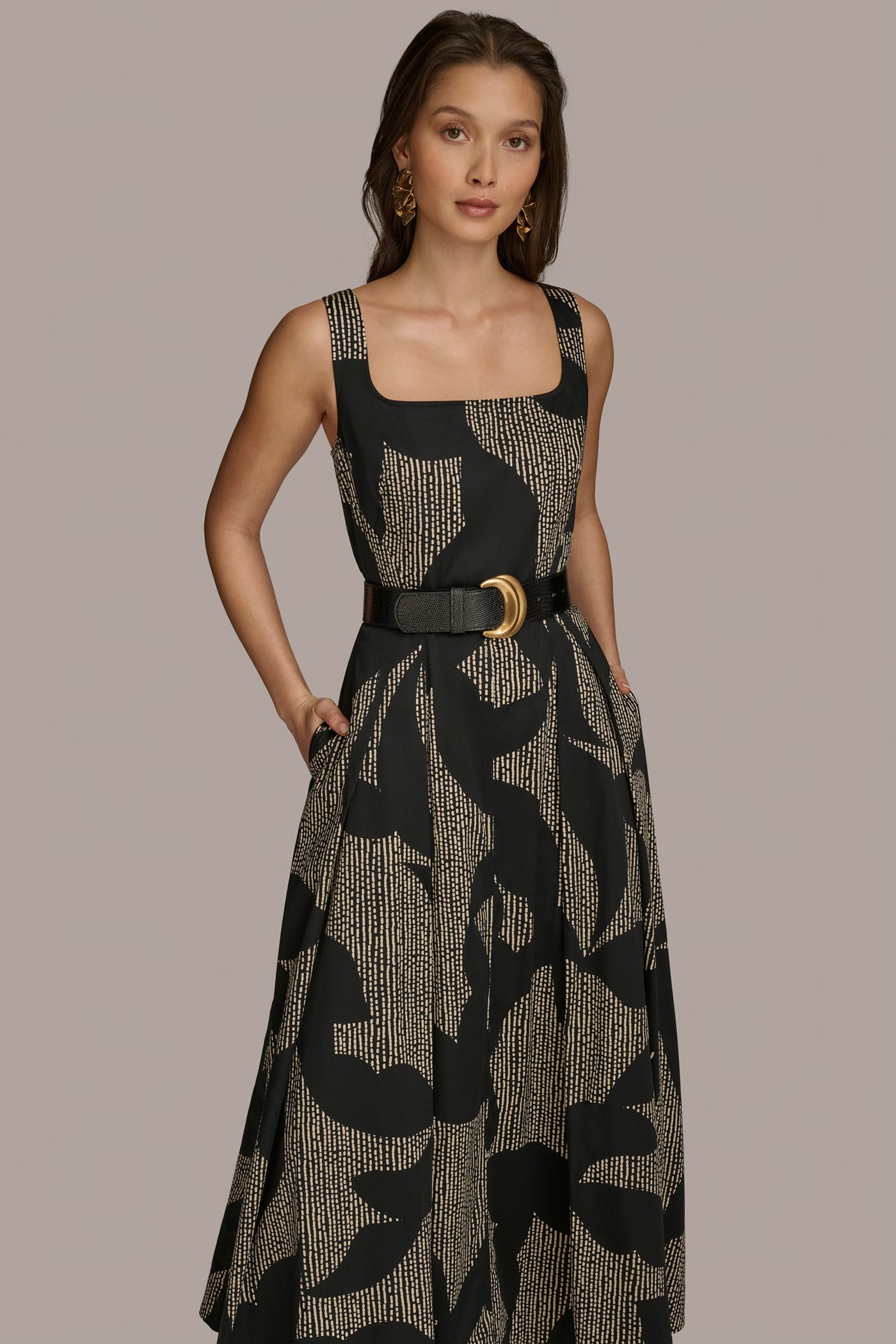 Black COTTON SLEEVELESS FLORAL MIDI DRESS Donna Karan