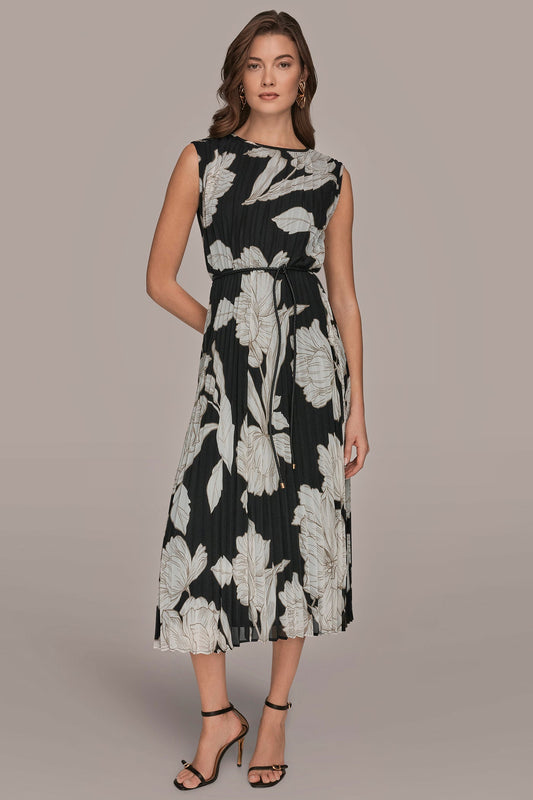 Black/Fawn/Cream CHIFFON FLORAL MIDI A-LINE DRESS Donna Karan