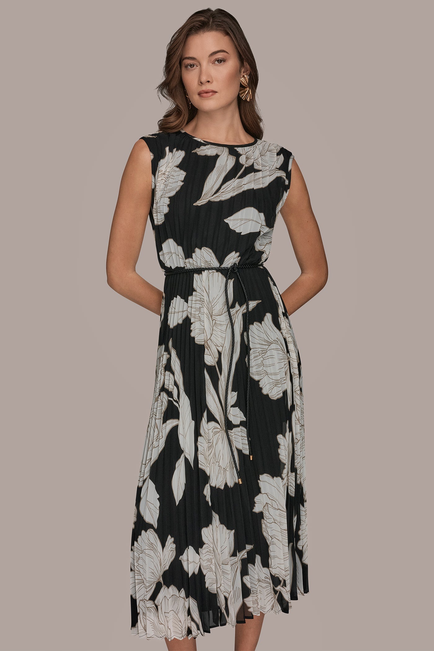 Black/Fawn/Cream CHIFFON FLORAL MIDI A-LINE DRESS Donna Karan