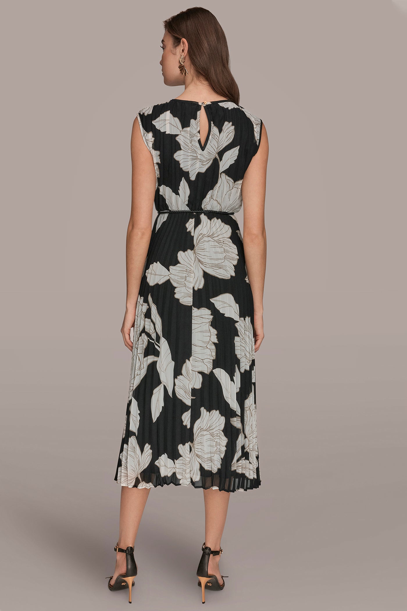 Black/Fawn/Cream CHIFFON FLORAL MIDI A-LINE DRESS Donna Karan