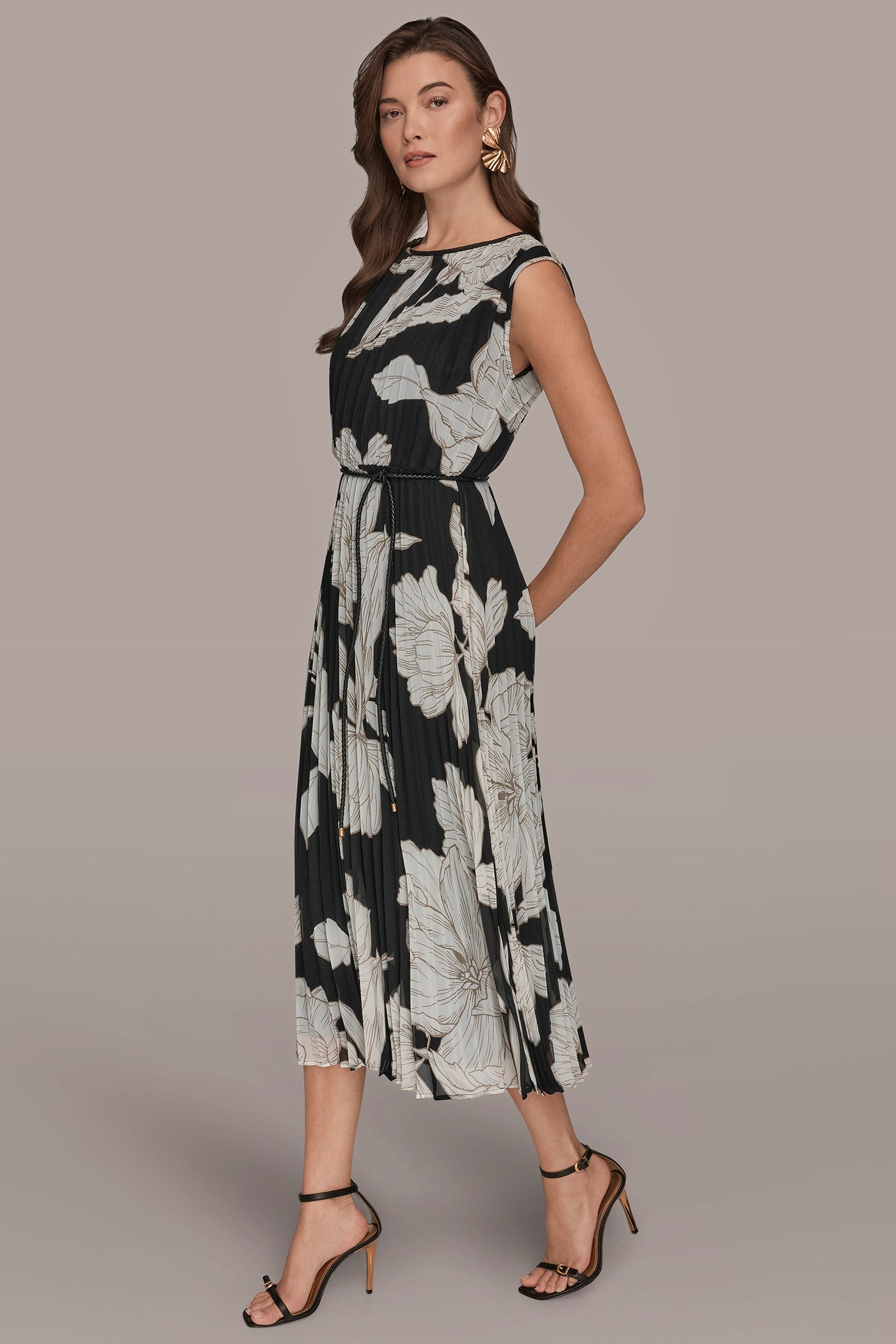 Black/Fawn/Cream CHIFFON FLORAL MIDI A-LINE DRESS Donna Karan