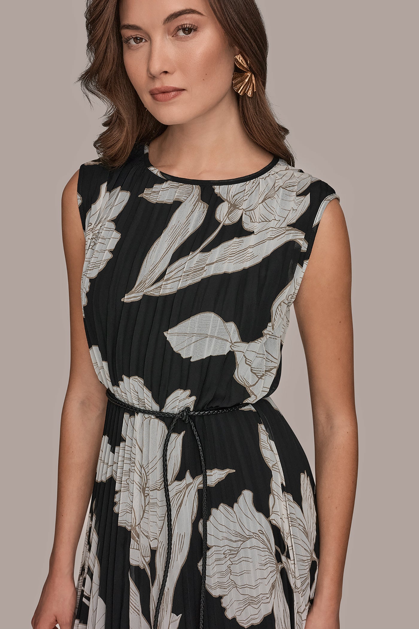Black/Fawn/Cream CHIFFON FLORAL MIDI A-LINE DRESS Donna Karan