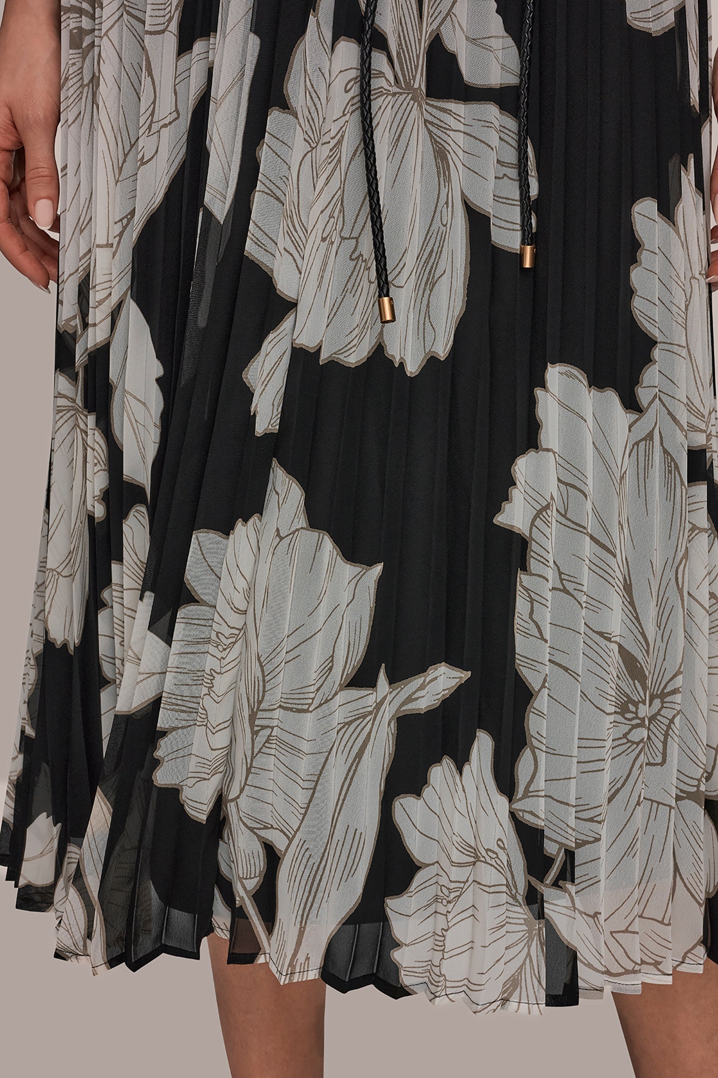 Black/Fawn/Cream CHIFFON FLORAL MIDI A-LINE DRESS Donna Karan