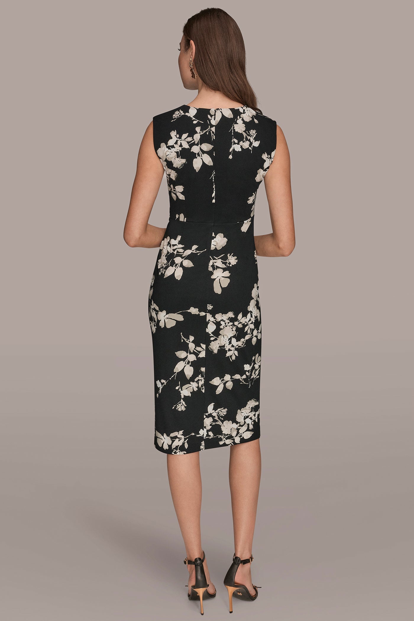 BLACK MULTI FLORAL SLEEVELESS TWIST-WAIST SHEATH DRESS Donna Karan
