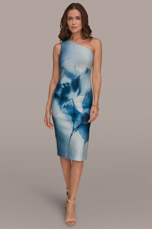 Washed Indigo Multi FLORAL ONE-SHOULDER SHEATH DRESS Donna Karan