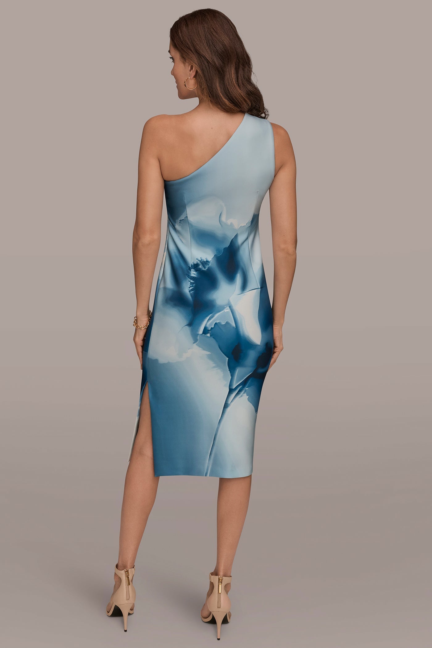 Washed Indigo Multi FLORAL ONE-SHOULDER SHEATH DRESS Donna Karan