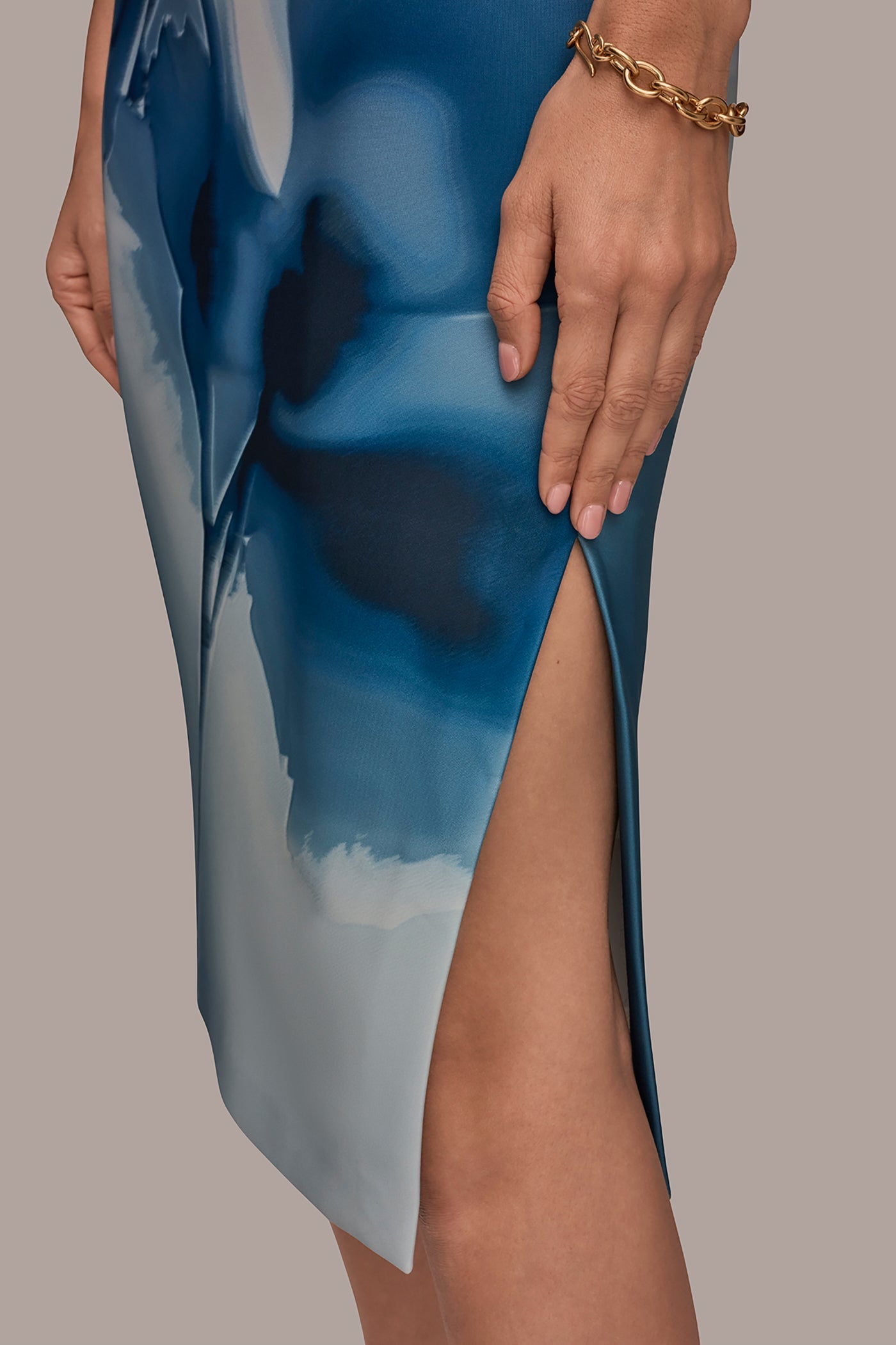 Washed Indigo Multi FLORAL ONE-SHOULDER SHEATH DRESS Donna Karan