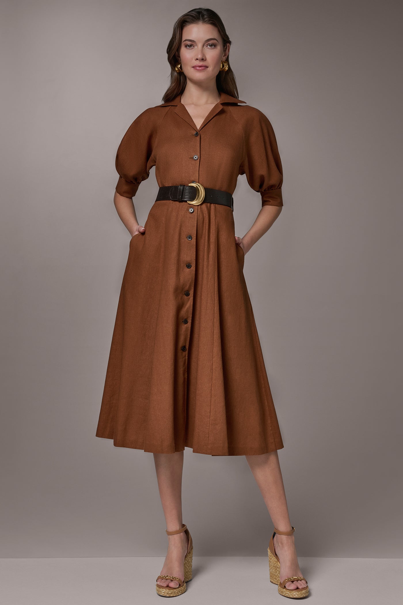 Cognac LINEN-BLEND MIDI SHIRT DRESS Donna Karan