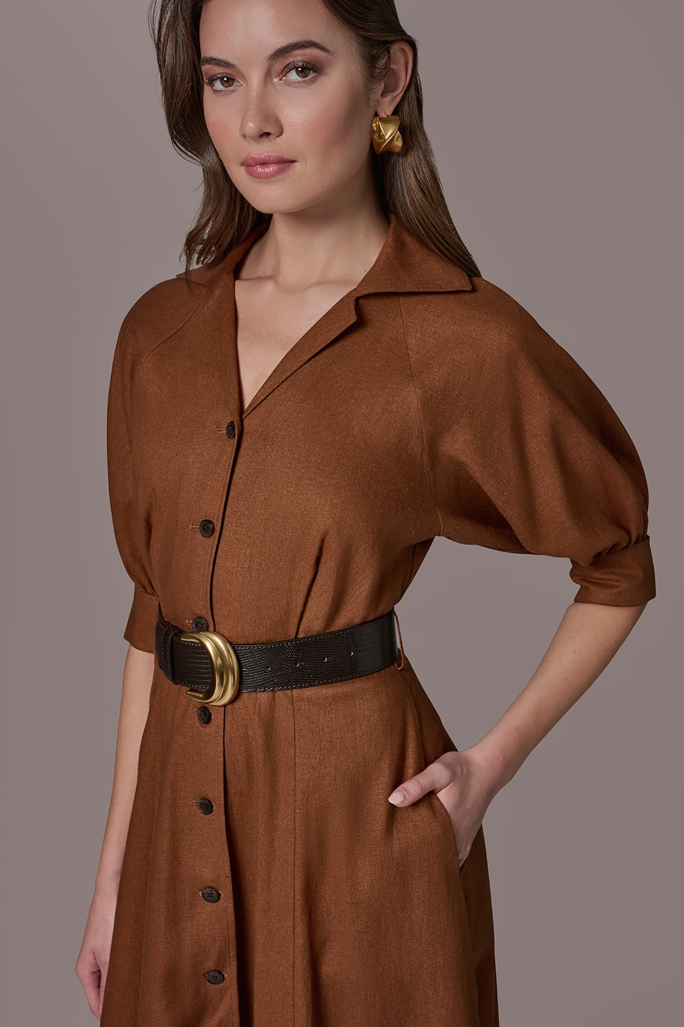 Cognac LINEN-BLEND MIDI SHIRT DRESS Donna Karan