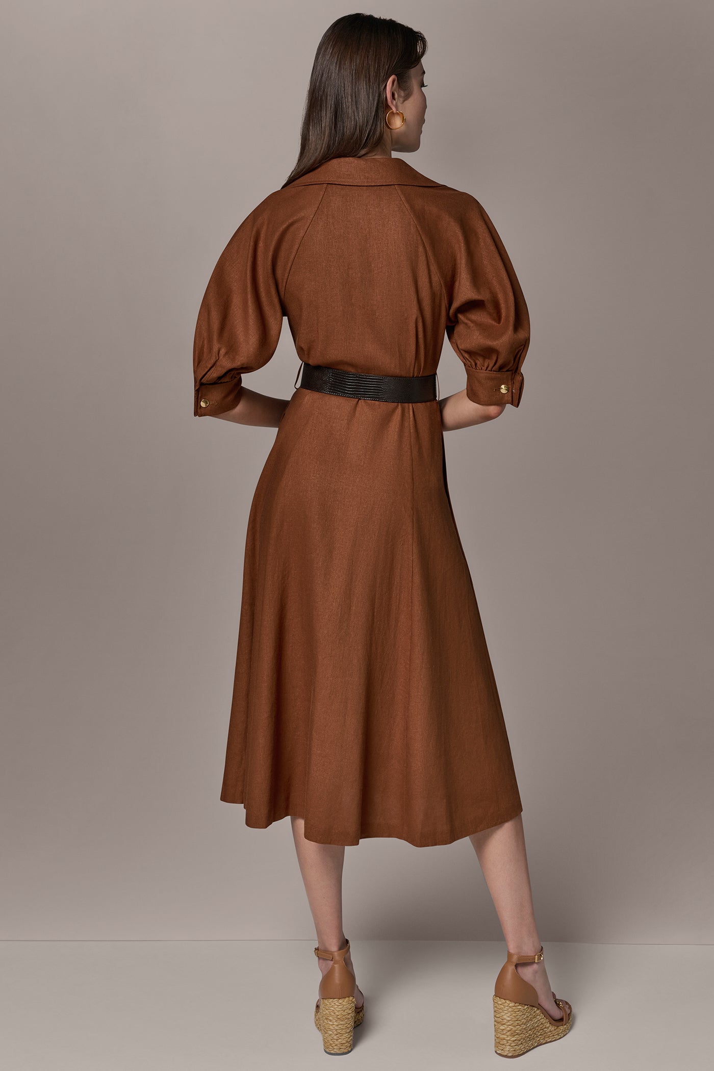 Cognac LINEN-BLEND MIDI SHIRT DRESS Donna Karan