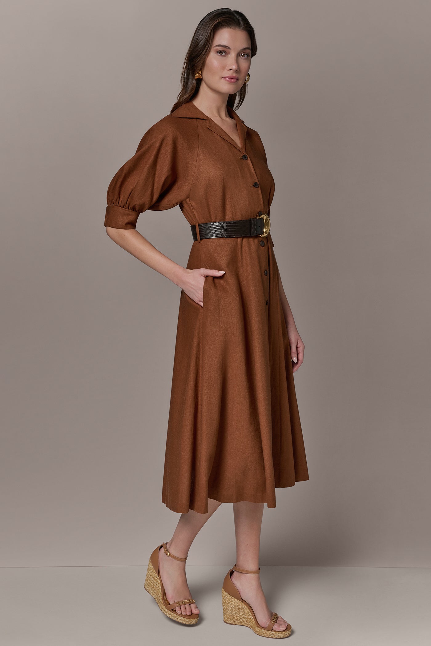 Cognac LINEN-BLEND MIDI SHIRT DRESS Donna Karan