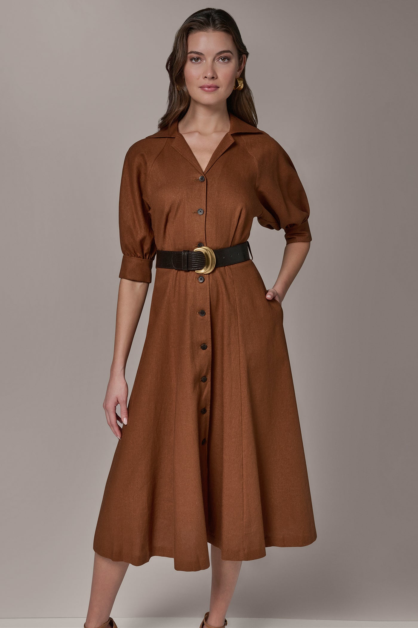 Cognac LINEN-BLEND MIDI SHIRT DRESS Donna Karan