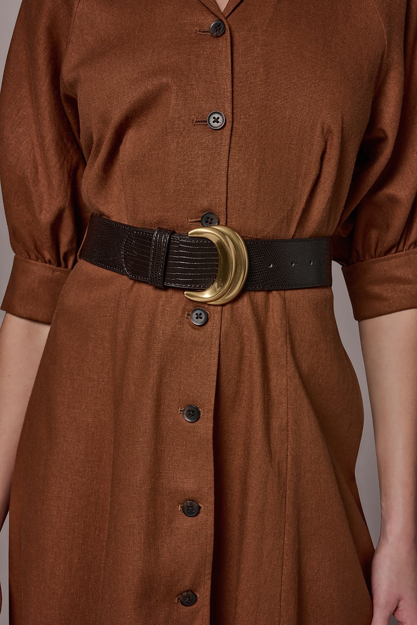 Cognac LINEN-BLEND MIDI SHIRT DRESS Donna Karan