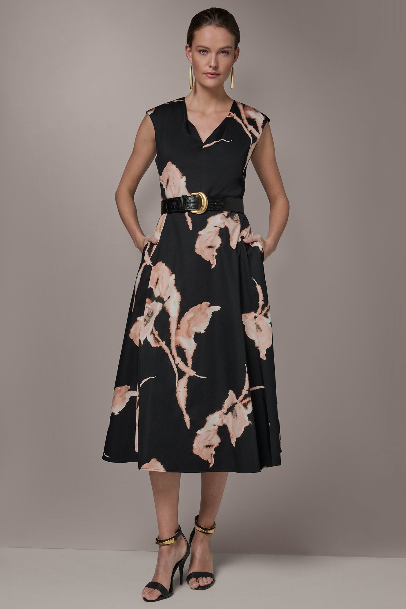 BLACK MULTI COTTON-SATEEN FLORAL MIDI DRESS Donna Karan