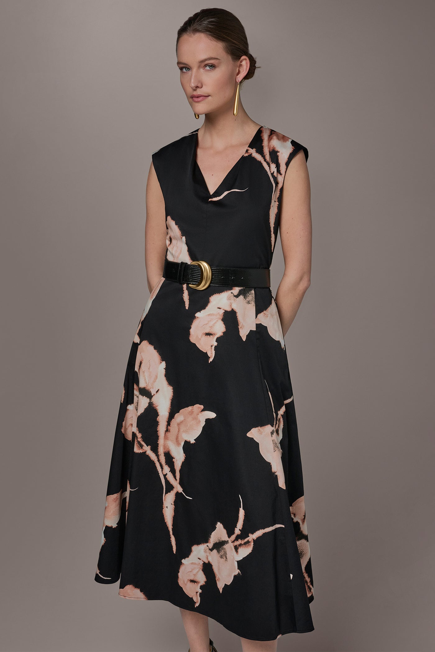 BLACK MULTI COTTON-SATEEN FLORAL MIDI DRESS Donna Karan