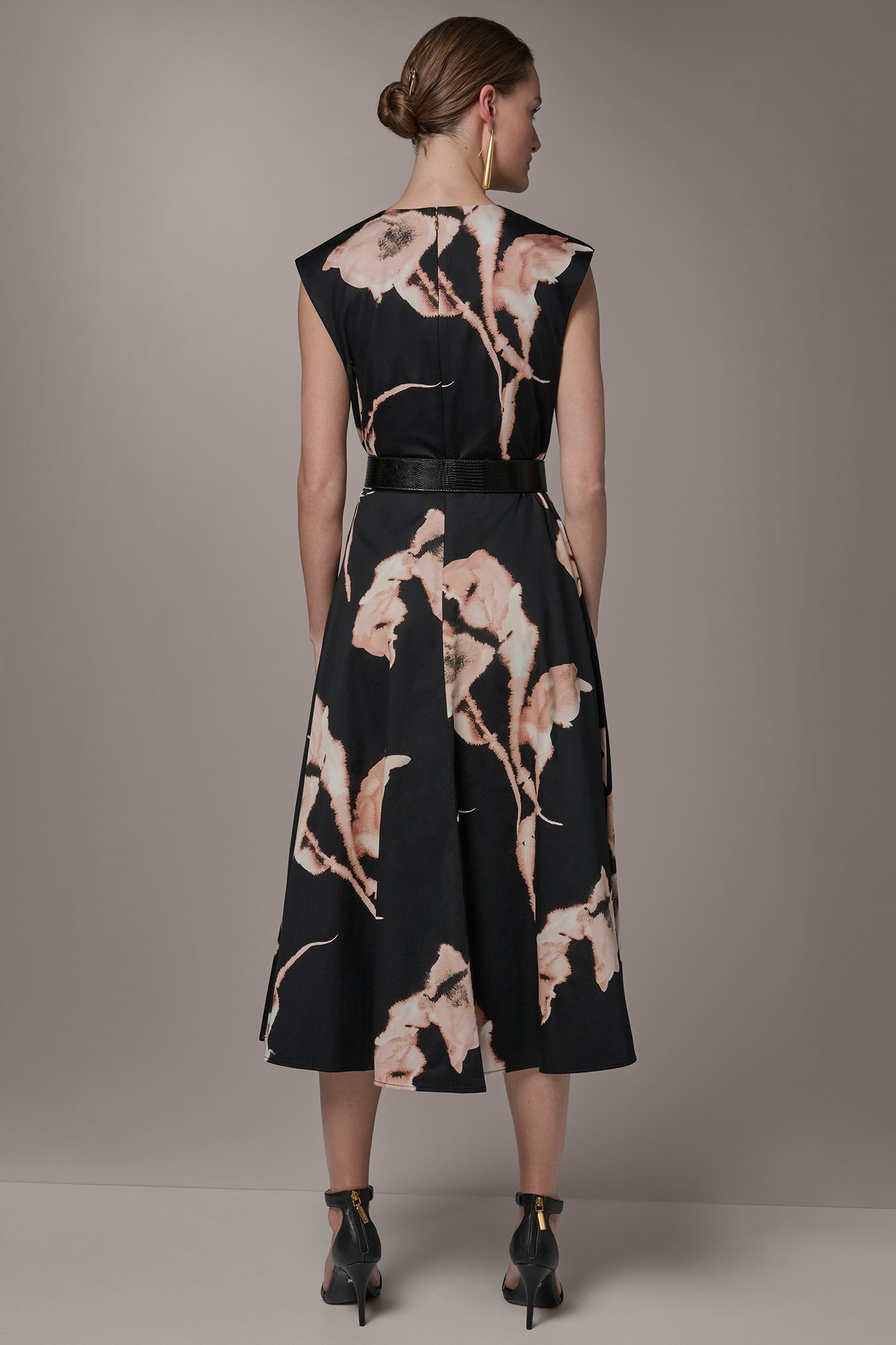 BLACK MULTI COTTON-SATEEN FLORAL MIDI DRESS Donna Karan