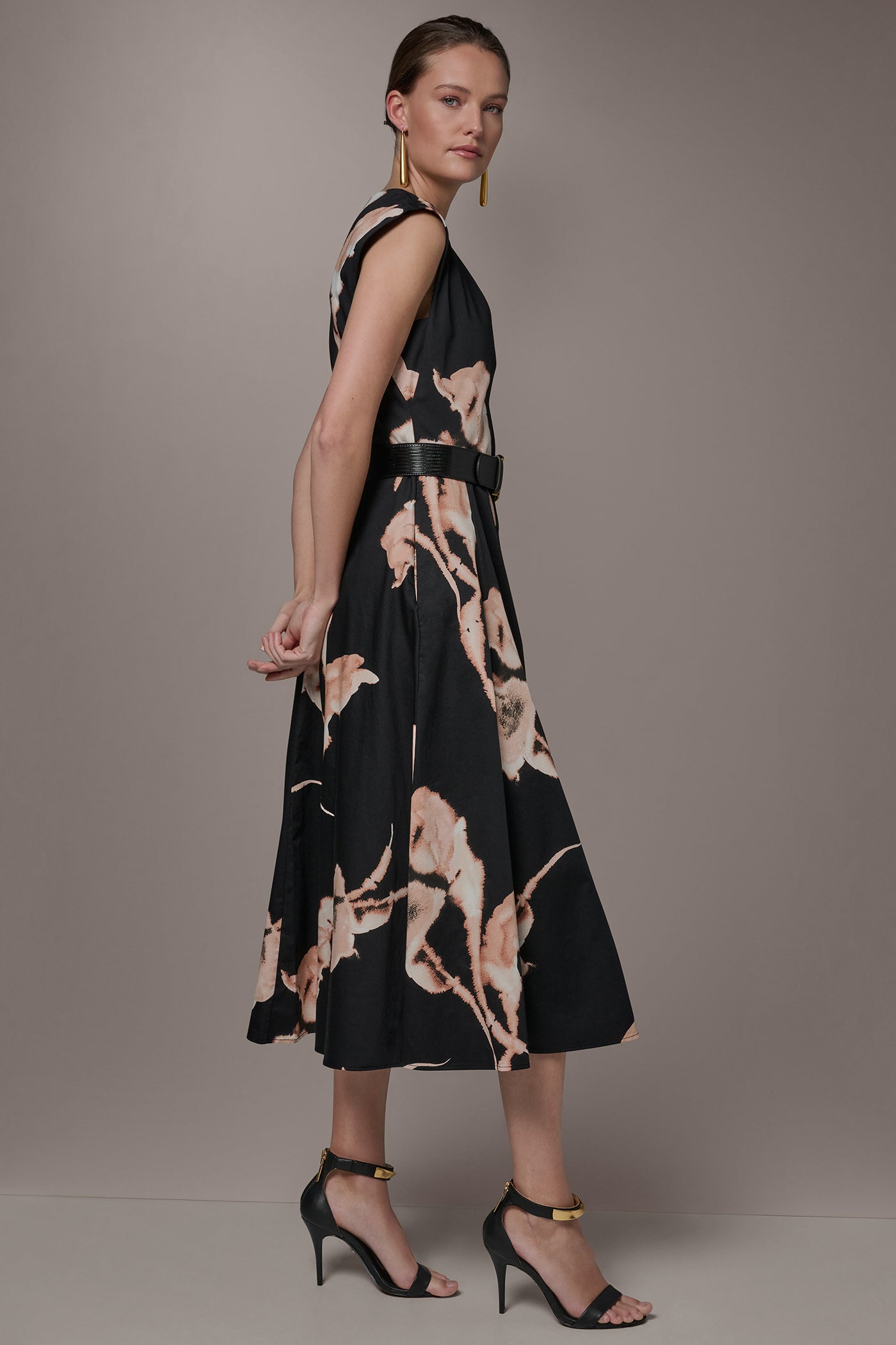 BLACK MULTI COTTON-SATEEN FLORAL MIDI DRESS Donna Karan