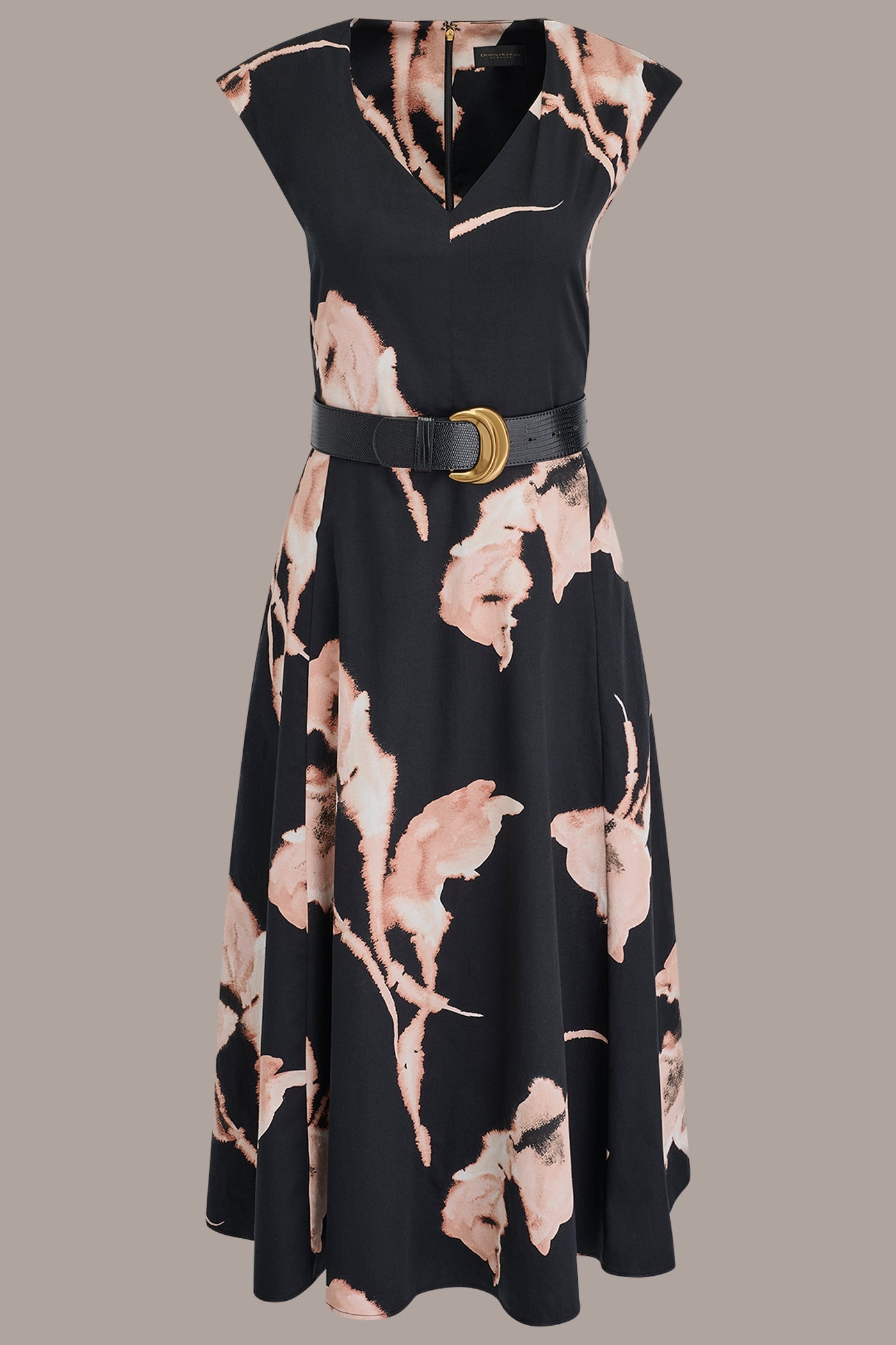 BLACK MULTI COTTON-SATEEN FLORAL MIDI DRESS Donna Karan