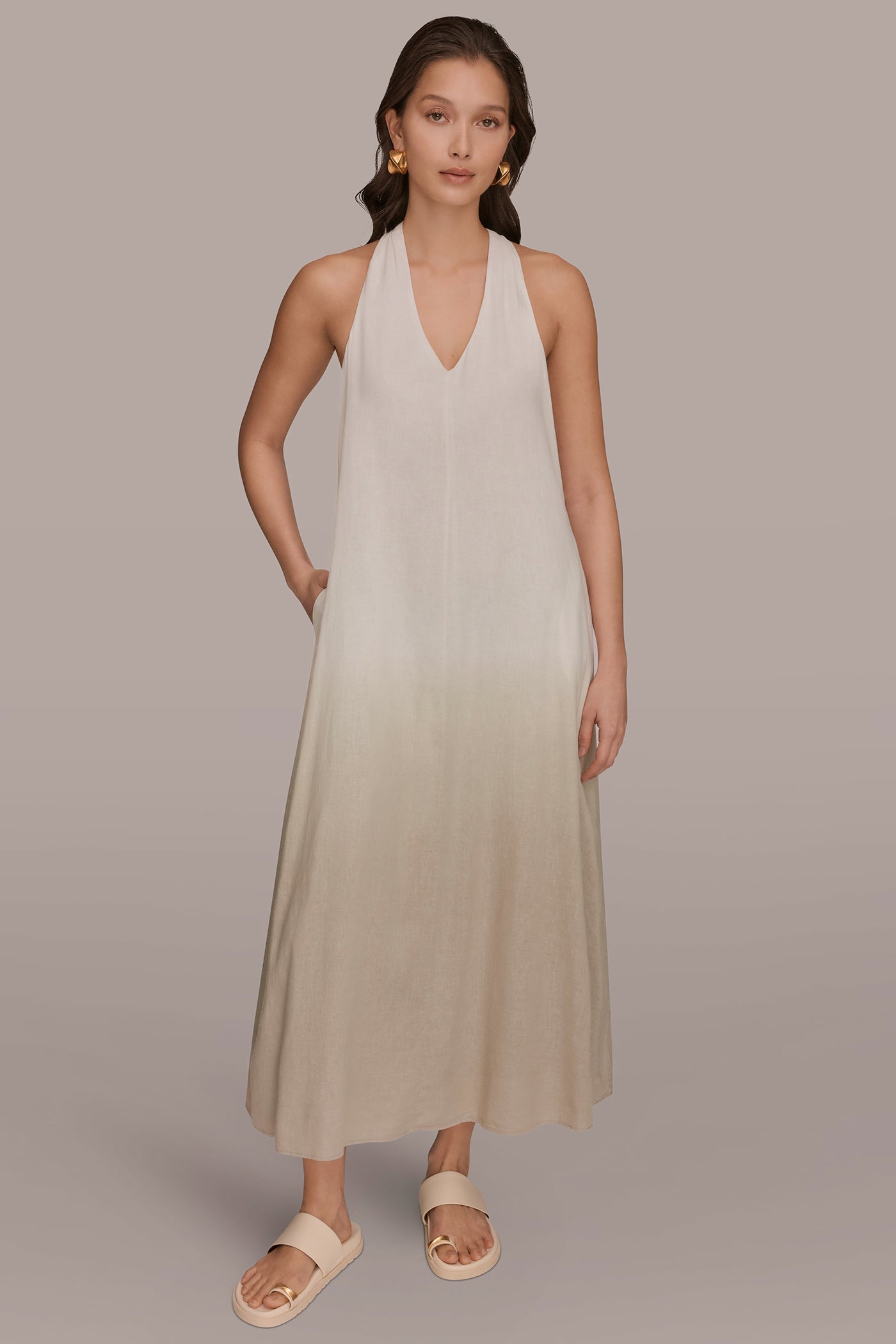 Tuscan Grey LINEN-BLEND SLEEVELESS OMBRÉ TWIST-BACK MIDI HALTER DRESS Donna Karan