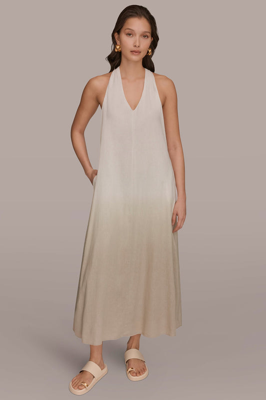 Tuscan Grey LINEN-BLEND SLEEVELESS OMBRÉ TWIST-BACK MIDI HALTER DRESS Donna Karan