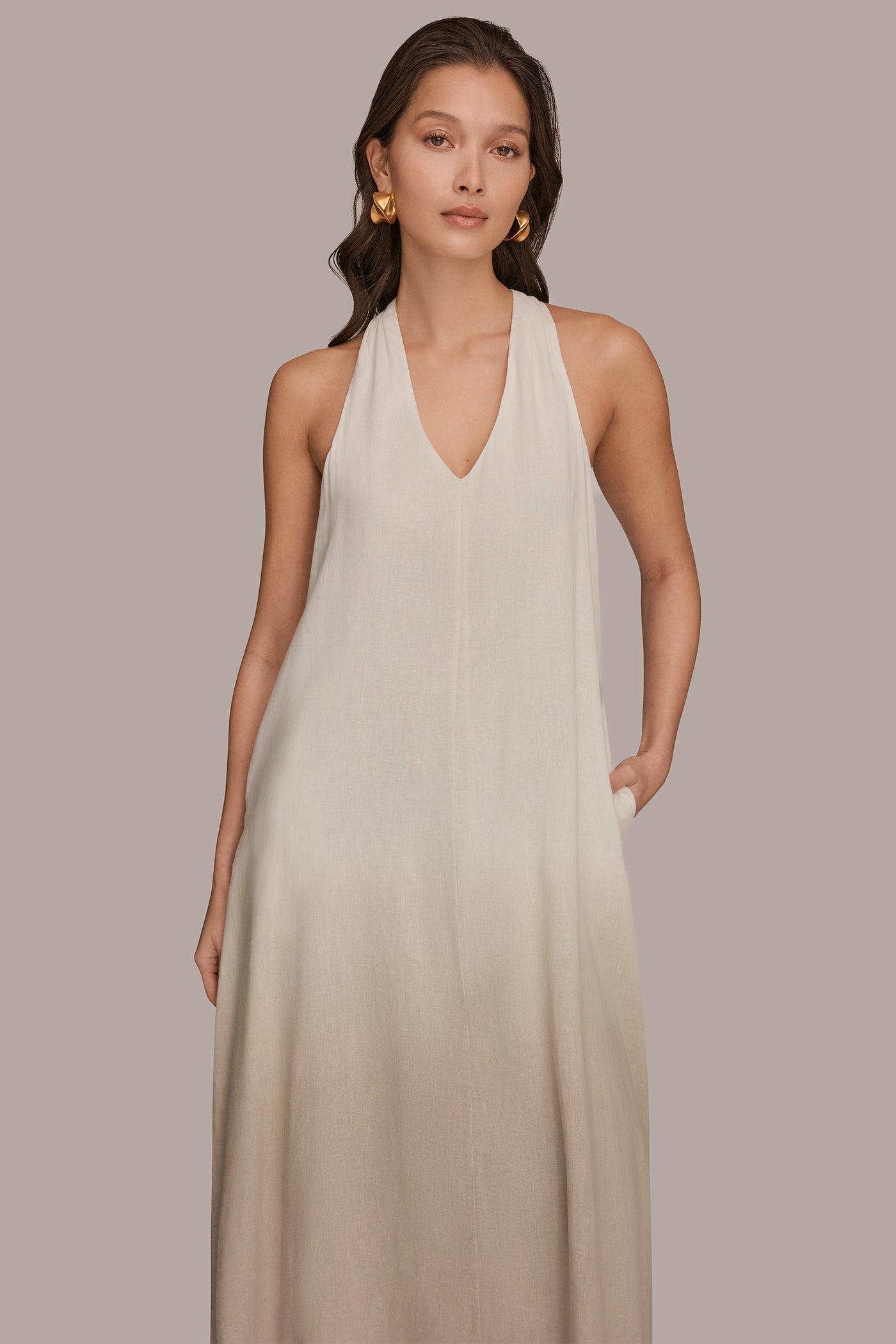 Tuscan Grey LINEN-BLEND SLEEVELESS OMBRÉ TWIST-BACK MIDI HALTER DRESS Donna Karan