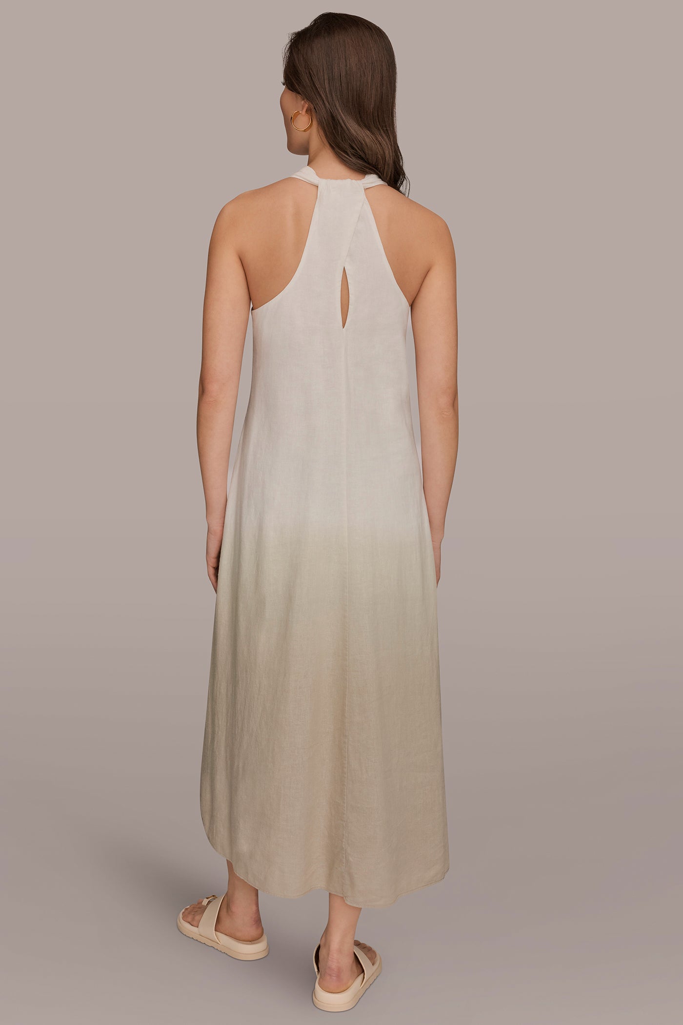 Tuscan Grey LINEN-BLEND SLEEVELESS OMBRÉ TWIST-BACK MIDI HALTER DRESS Donna Karan