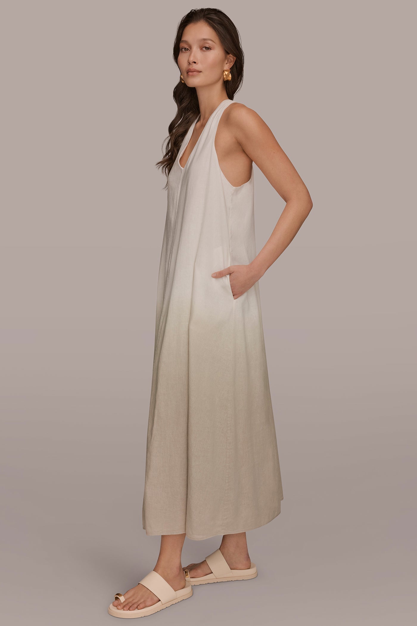 Tuscan Grey LINEN-BLEND SLEEVELESS OMBRÉ TWIST-BACK MIDI HALTER DRESS Donna Karan